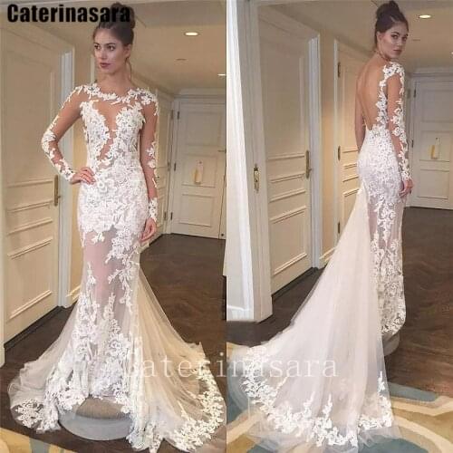 Illusion Tulle Lace Long Sleeves Mermaid Wedding Dress Scoop Neck Sexy Trumpet Bridal Gown CT035