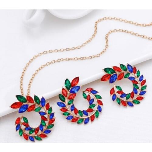 Luxury Multicolor Rhinestone Crystal Wedding Jewelry Sets Gold Color Long Chain Pendant Necklace Earrings Set for Girls