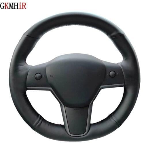 Hand-Stitched DIY Black Genuine Leather Soft Car Steering Wheel Cover For Tesla Model 3 2017-2019
