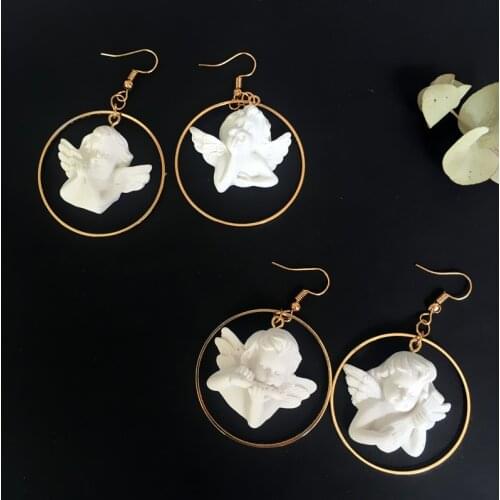 New Harajuku Cute Cupid Angel Pendant Drop Earring, Round Gold Metal Punk Chain Jewelry for Cool Women Friendship Girl Gifts