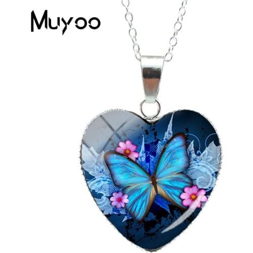 Vintage Butterfly Glass Heart Pendant Vintage Butterfly Heart Necklace Vintage Flowers Jewelry Handmade Gifts for FriendsHZ3