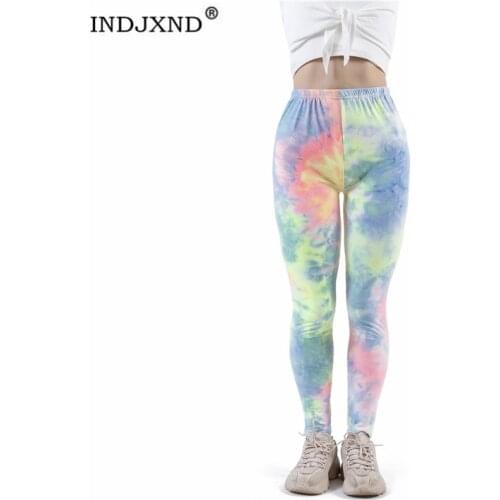 INDJXND Women Leggings Fitness Push Up Tie-Dye Graffiti Gym Breathable Sexy High Waist Workout Knitted Polyester Ankle-Length