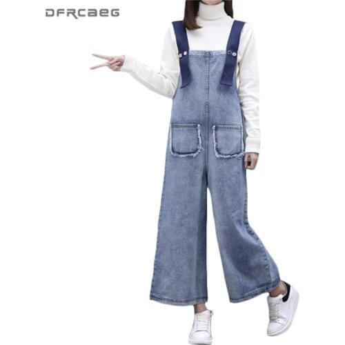 Big Pockets Denim Overalls Women 2019 Autumn Loose Romper Ankle-Length Pants Casual Strap Wide Leg Jumpsuit Jeans Woman Trousers