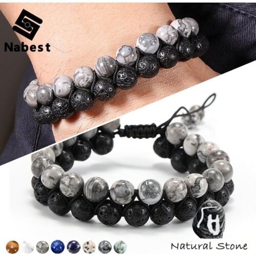Women Men Natural Stone Bracelet Tiger Eye Lava Rock Lapis Lazuli Map Labradorite Alabaster Beads Yoga 2 Layers Bangle Jewelry