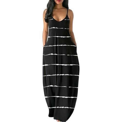 2021 New Women Maxi Dress Summer Casual Sexy Boho Stripe Printed Long Dresses Sleeveless V-Neck Sling Dress Beach Loose Dress
