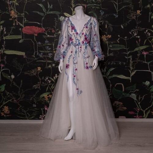 Pretty Elegant Prom Dress V-Neck Long Sleeves Appliques Split Tulle A-Line Women Formal Evening Homecoming Custom Made Gowns