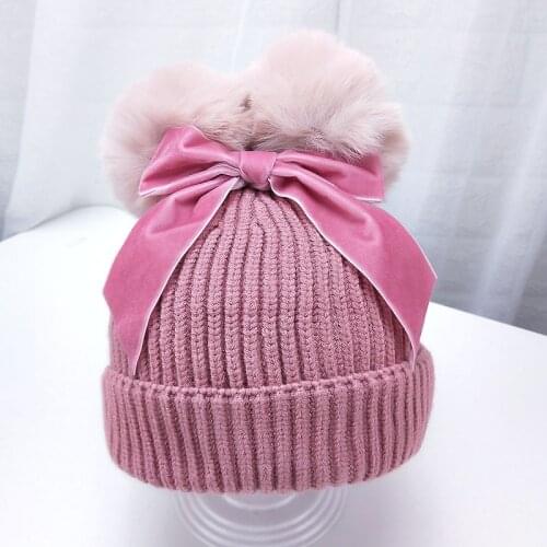 Winter Baby Girl Knitted Hat Warm Thick Children Infant Beanie Bow Cap Plush Ball Cold-proof Bonnet Clothing Accessories Sale