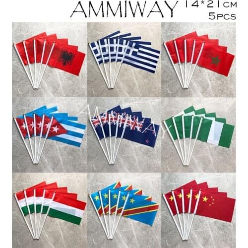 AMMIWAY 14x21cm 5pcs Albania Greece Morocco Cuba New Zealand Small Hand Held Flag Nigeria Hungary Congo China Pole Waving Flag