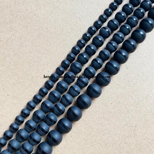 Synthetic Stone Matte Smooth Line Black Onyx Agate Round Loose Beads 15" Strand 6 8 10 12MM Pick Size For Jewelry Making
