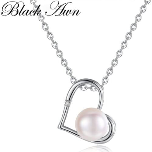 Black Awn Necklace for Women Silver 925 Sterling Pearl Necklace Heart Jewelry