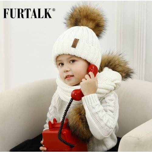 FURTALK Kids Ages 1-4 Winter Warm Chunky Thick Knit Beanie Hats and Scarves Real Fur Pom Pom Hat Scarf Set for Child