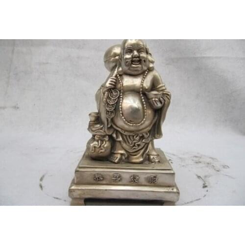 Collectible bronze lion statue S0357 China Buddhism White Copper Silver Money wealth Happy laughter Maitreya Buddha