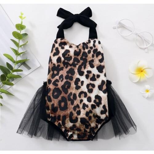0-18M Lovely Infant Baby Girls Romper Dress Leopard Printed Lace Patchwork Sleeveless Belt Backless Jumpsuit Clothing