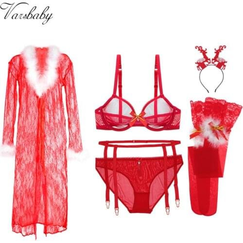 Varsbaby Christmas Big Red 6 Pcs Bras+Panties+Garters+Stockings+Antler Headband+Nightgown Bra And Panty Set