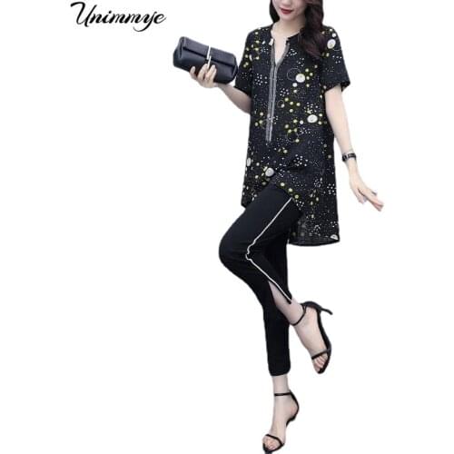 Women 2021 New Summer Fashion Large Size Printing Short-sleeve Chiffon Shirt + Pencil Pants Suits Two-piece Sets L-5XL Y791