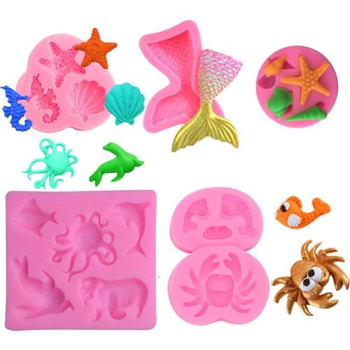 2021 Summer Silicone Mold Ocean Series Cake Decorating Tool Non-stick Epoxy Mold Pink Mermaid Tail Starfish Seal Crab Fondant