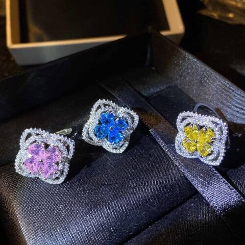 Cute Clover Flower 925 Sterling Silver Blue Zircon Charm Exaggerated Yellow Crystal Rings for Women Wedding Fine Jewelry