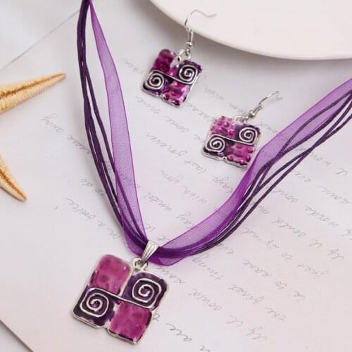 Fashion Enamel Jewelry Sets Multilayer Leather Rope chain Square Pendant Necklace Drop Earrings Sets Women Wedding Party Gifts