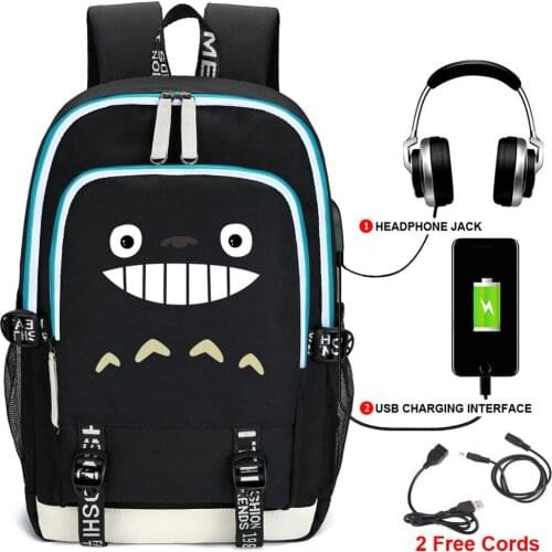 Cat Smile Totoro My Neighbor Cartoon Backpack w/ USB Port Headphone Rucksack Bag Teenager Student School Laptop Bag Gift
