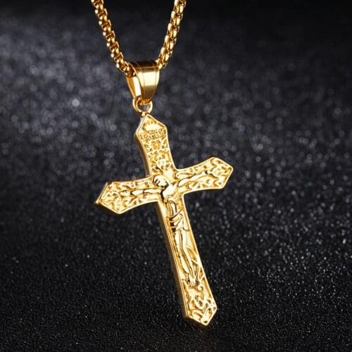 Jesus Cross Men Chain Christian Vintage Cross Crucifix Jesus Pendant Necklace Steel Worship Jewelry Accessories