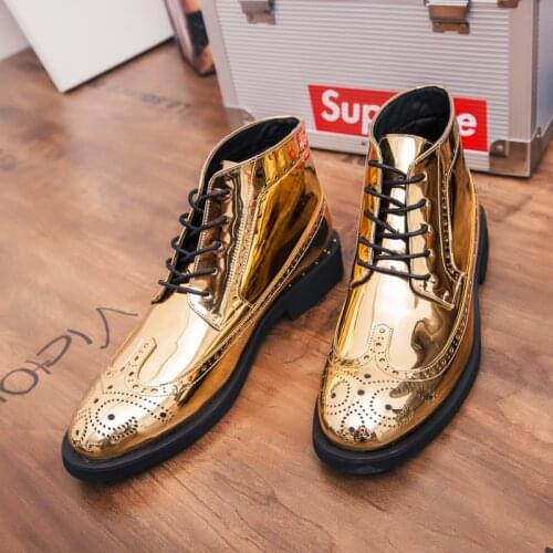 Plus size -46 mens fashion party boots high top brogue shoes mens elegant Italian brand gold official shoes zapatillas homebre