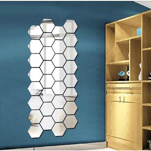 12PCS Self-adhesive 3D Mirror Wall Sticker Geometric Hexagon Removable Mural Art Decals Elegant Home Living Room Art Decor