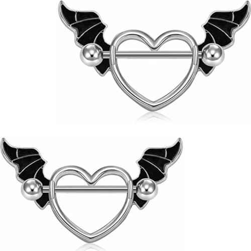 2pcs Surgical Steel Heart Nipple Piercing Bar Ring Sexy Shiny Angel Wing Nipple Barbell Jewelry Tepel Piercing Pezon Mujer Gift