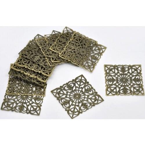 Free shipping-50Pcs Bronze Tone Filigree Square Wraps Connectors Jewelry Findings Connectors 40x40mm J0541