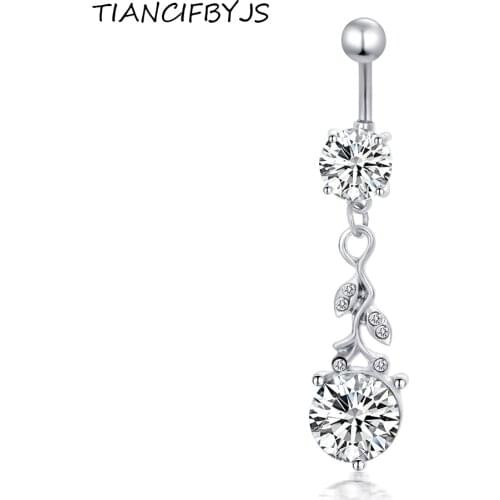TIANCIFBYJS Round Zircon Dangle Belly Piercing Earrings Stainless Steel Navel Ring Bell Button Rings Sexy Body Jewelry 14G 20pcs