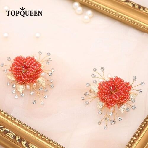 TOPQUEEN-X42 High Heels With Buckles Decorated With Red Flowers Beaded Elegant Womens Heel Jewelry Party Shoe Decoration