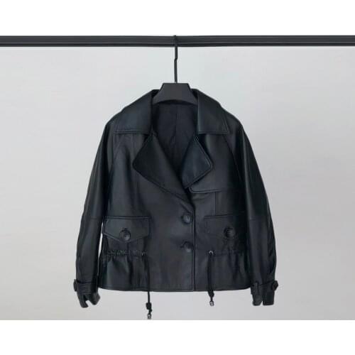 Spring 2021 New Leather Jacket Womens Short Drawstring Waist Leather Jacket Sheep Leather Motorcycle Casual Coat
