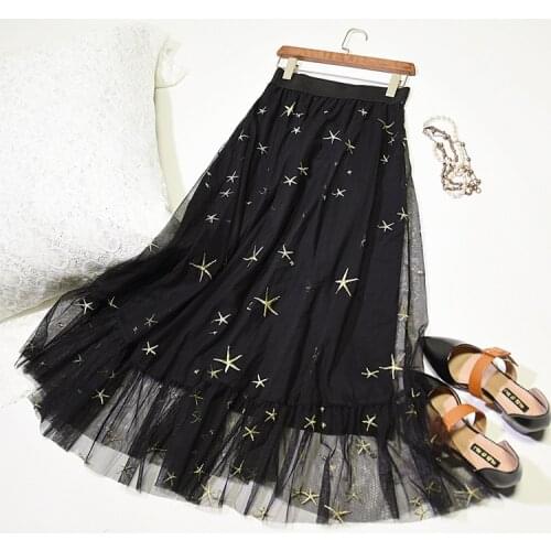 2020 Stars Embroidery High Waist Summer Mesh Long Skirts Saia Top Quality Women Elegant Black Maxi Skirt Faldas Jupe Femme