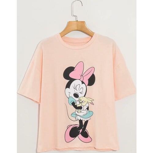 Disney Cartoon minnie mouse Shirts for Women Print Round Neck Short-sleeved Women Fashion Clothing Graphic T-Shirts Harajuku