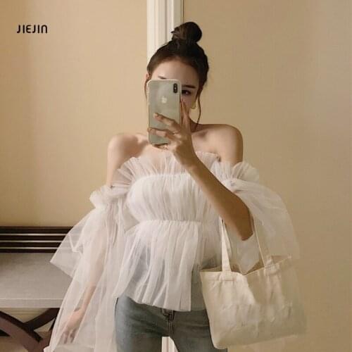 Sexy white Blouse Women Mesh Long Sleeve Off Shoulder Sheer 2021 New spring summer Female and Lace Up Corset