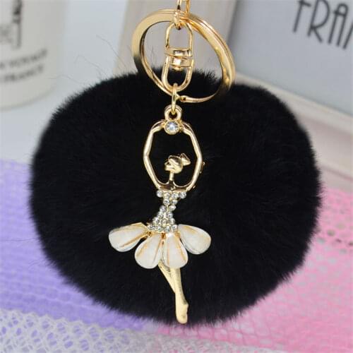 New 8cm Pom Pom Faux Rex Rabbit Fur Ball Key Chain Crystal Ballet Angel Woman Bag Charms Keyring Man Trinket Car Ring Keychain