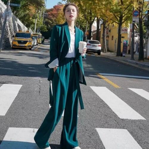 2021Fashion Sashes Notched Jacket Long Sleeve and Wide Leg Pants Ladies Loose Pant Suits for Women Casual Two Piece Blazer Sets3
