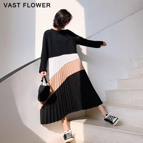 Plus Size Patchwork Hit Color Pleated Dress Women Clothes Long Sleeve Autumn Korean Fashion Loose Casual 2021 Ladies Dresses