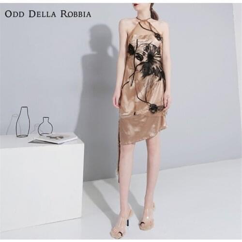 OddDellaRobbia Elegant Personality Sleeveless Cheongsam Embroidery Lotus Satin Neck Mounted Dress Sexy Party Banquet Dress 413