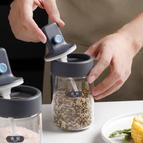 Adjustable Spoon Lid Spice Jar Kitchen Seasoning Organizer Salt and Pepper Shakers Glass Container Cooking Canister Set Salt Box