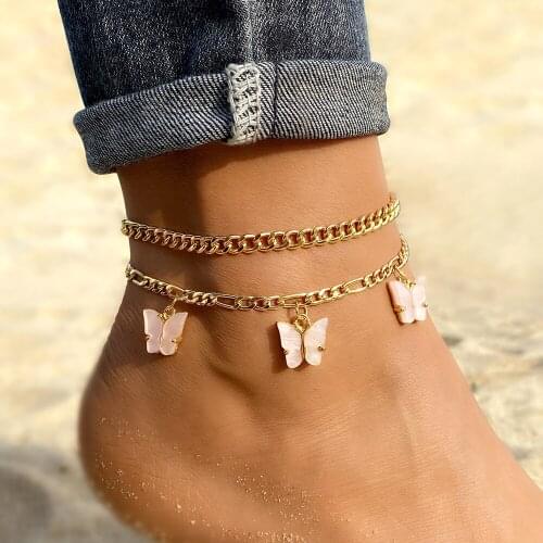 FNIO Butterfly Acrylic Ankle Bracelets For Women Gold Color Butterfly Multi-layer Anklet Female Simple Leg Chain Foot Jewelry