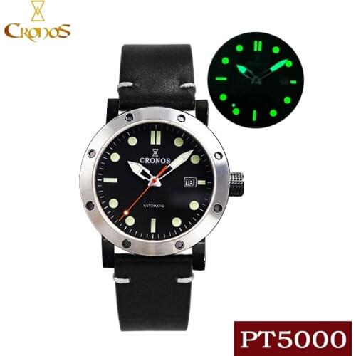 Cronos Men Watches DLC Coated Case Stainless Steel PT5000 See Through Back Black Glow Hands Automatic Self Wind Skeleton Watch