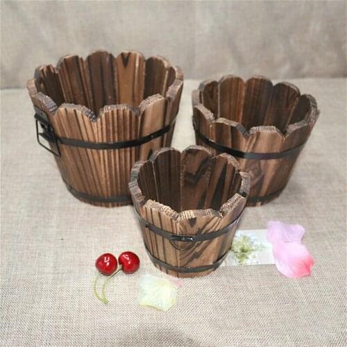 Wooden Small Barrel Primaries Flower Pot Home Decoration Retro Wooden Bucket Round Barrel Planter Flower Pots