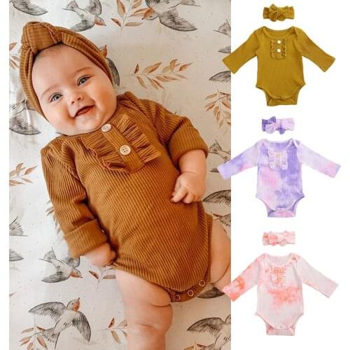 Newborn Baby Tie Dyeing Cotton Romper Autumn Spring Baby Boy Girls Clothes Long Sleeve Ruffle Jumpsuit+Headband 2Pcs Outfit