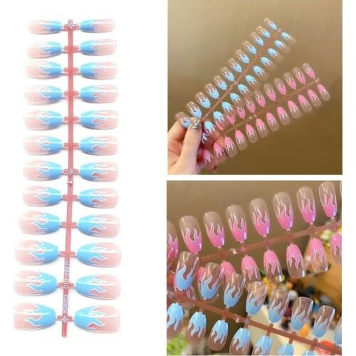 24Pcs Fashion Ballerina Coffin False Nail with Flame Design Blue/Pink Manicure Patches Press on Nails Full Cover Acrylic Nails