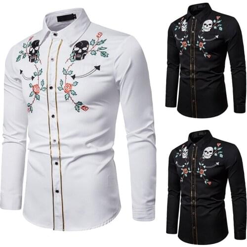 Mens Fashion Floral Embroidery Skull Long Sleeve Shirt Casual Top Male Top H17