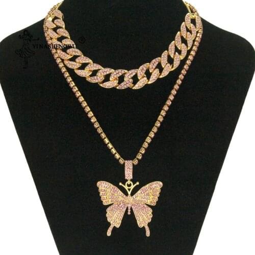 Iced Out Butterfly Necklace Set Cuban Link Chain Choker Necklace Women Girls Butterfly Chains Bling Hip Hop Pendant Jewelry 2020