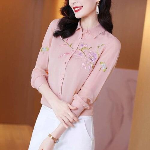 Silk Chiffon Women Shirts Embroidery Women Soild Slim Long-Sleeved Elegant Office Lady Outwear Tops