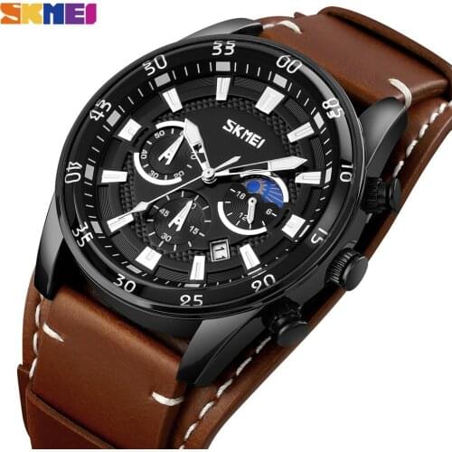 SKMEI Stopwatch Date Moon Phase Sport Mens Watches Top Brand Luxury Leather Strap Quartz Wristwatches Relogio Masculino 9249