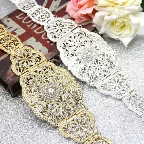 Sunspicems Crystal Moroccan Caftan Belt Flower Metal Waist Chain For Women Gold&Silver Color Evening Gown Wedding Jewelry Gift