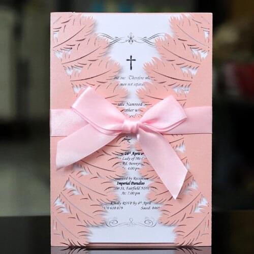 Double Fold Feather Wedding Invitations With Ribbons Laser Cut Invitation Greeting Cards Mariage Birthday Baptism Party Supplies